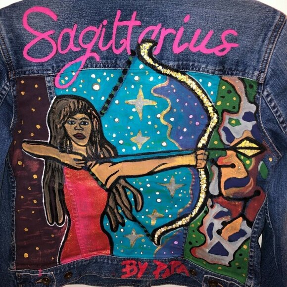 Lauren Jeans Medium Denim Jacket Hand Painted Sagittarius Eclectic Art To Wear - Picture 4 of 10
